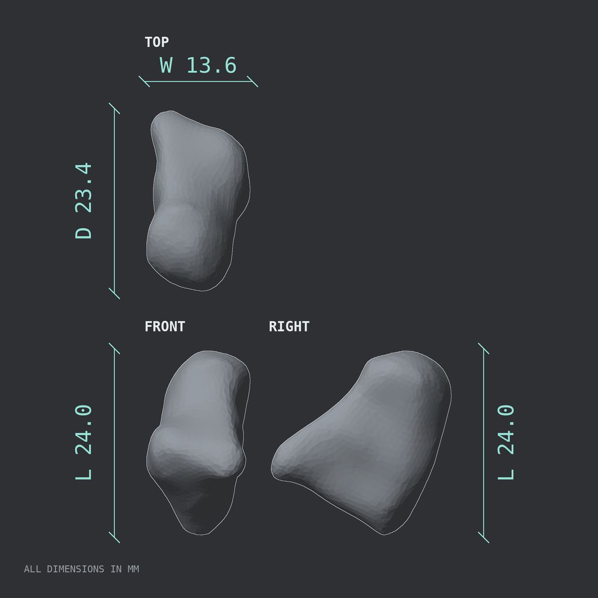 3D rendered dimensional drawing of the Left capitate bone (wrist), top, front, and side views.