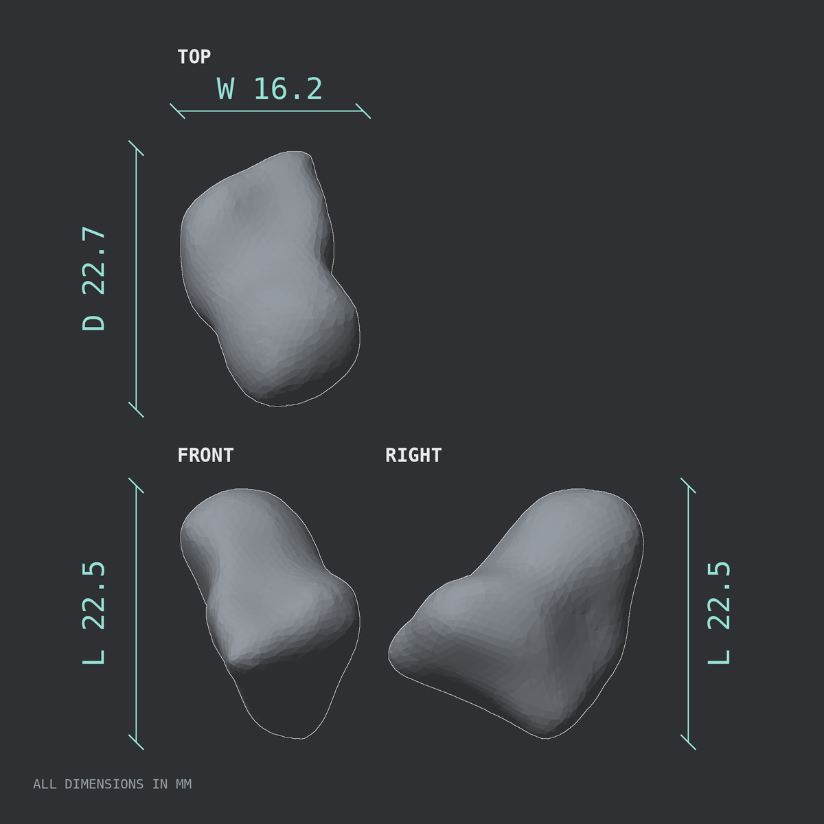 3D rendered dimensional drawing of the Right capitate bone (wrist), top, front, and side views.