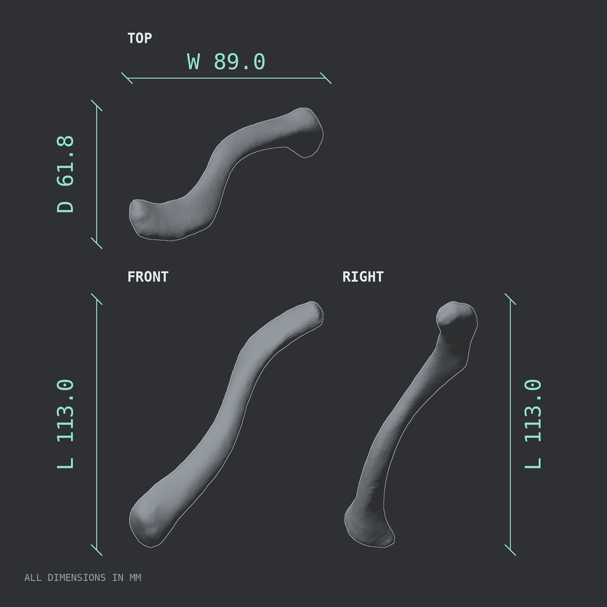 3D rendered dimensional drawing of the Left clavicle (collarbone), top, front, and side views.