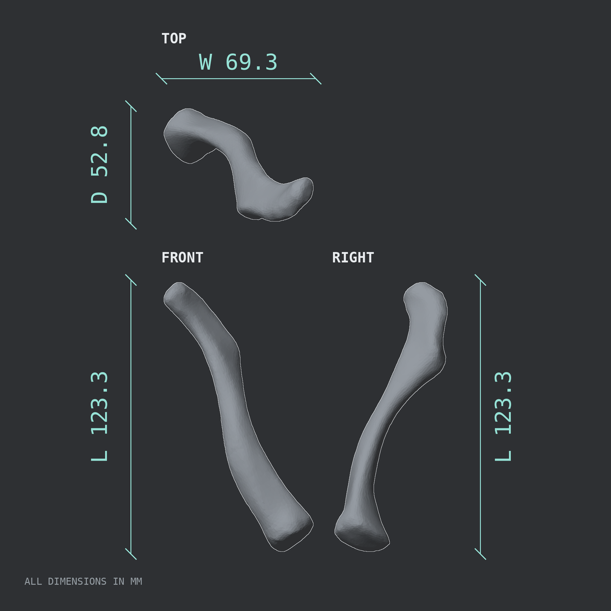 3D rendered dimensional drawing of the Right clavicle (collarbone), top, front, and side views.