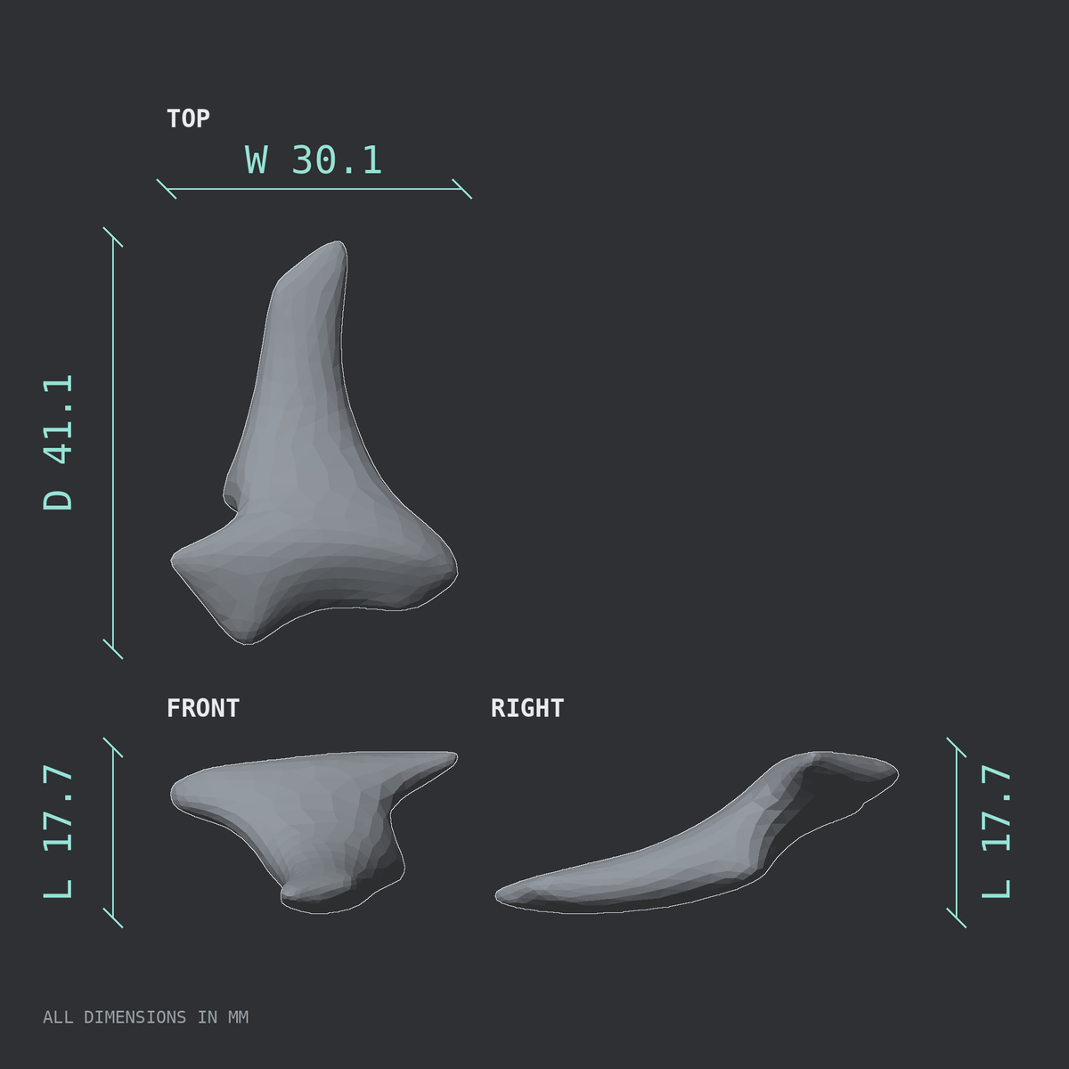 3D rendered dimensional drawing of the Coccyx (tailbone), female pelvis, top, front, and side views.