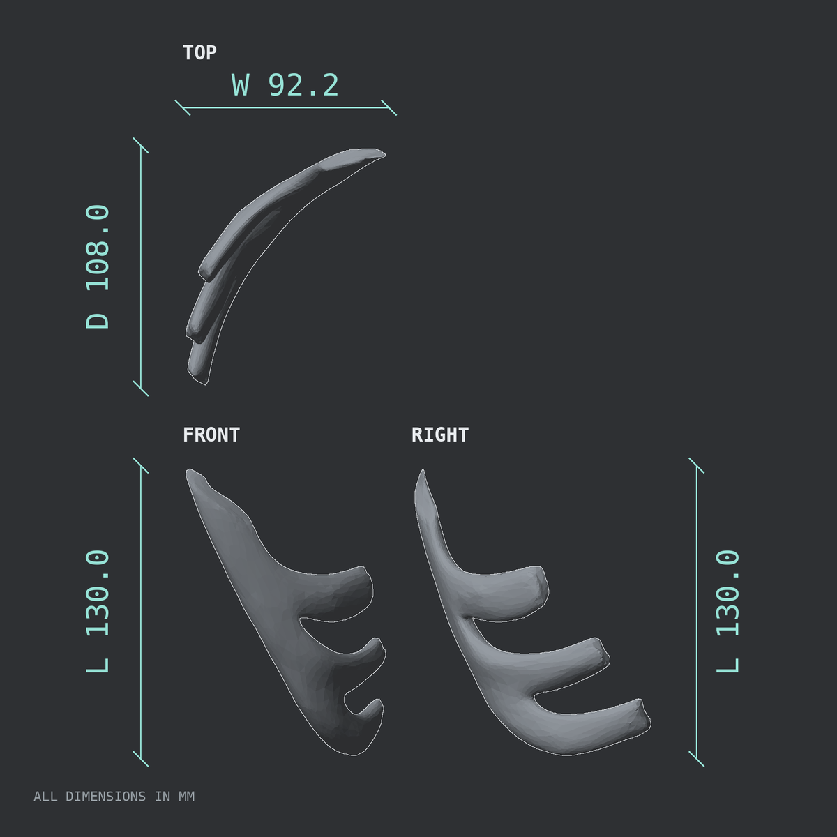 3D rendered dimensional drawing of the Left costal cartilage, top, front, and side views.