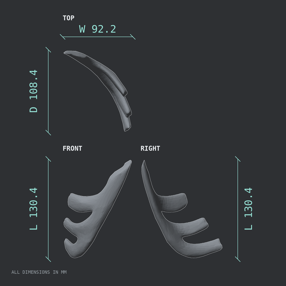 3D rendered dimensional drawing of the Right costal cartilage, top, front, and side views.