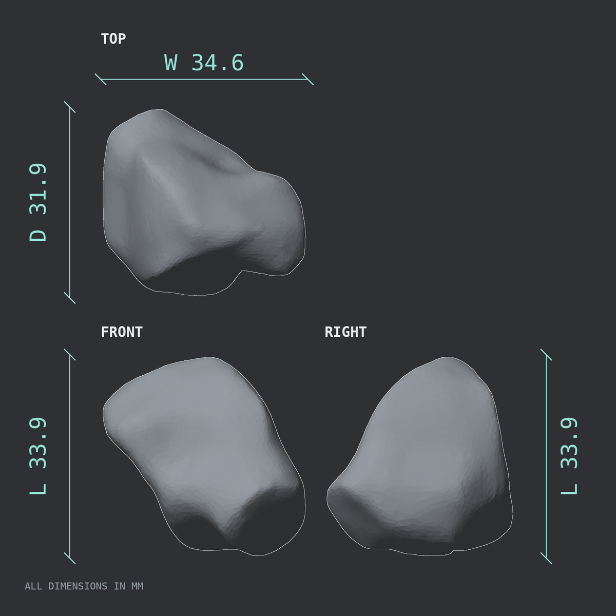 3D rendered dimensional drawing of the Left cuboid bone (foot), top, front, and side views.