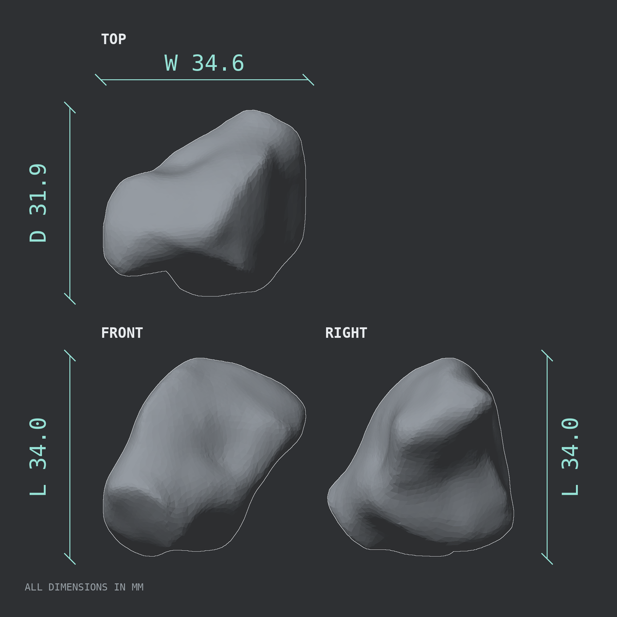 3D rendered dimensional drawing of the Right cuboid bone (foot), top, front, and side views.