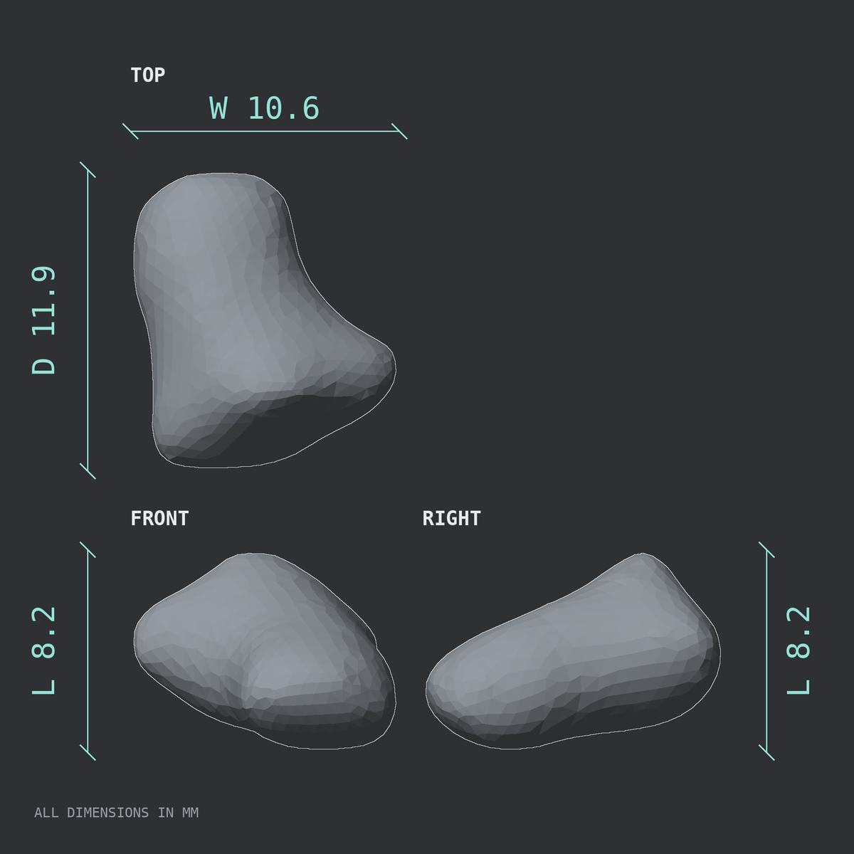 3D rendered dimensional drawing of the Left second toe distal phalanx, top, front, and side views.