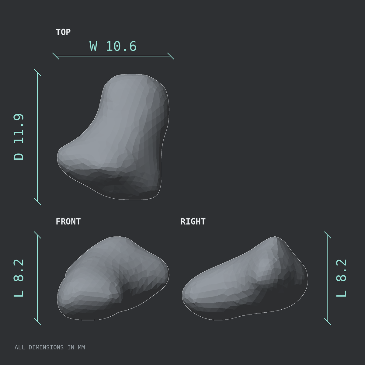 3D rendered dimensional drawing of the Right second toe distal phalanx, top, front, and side views.