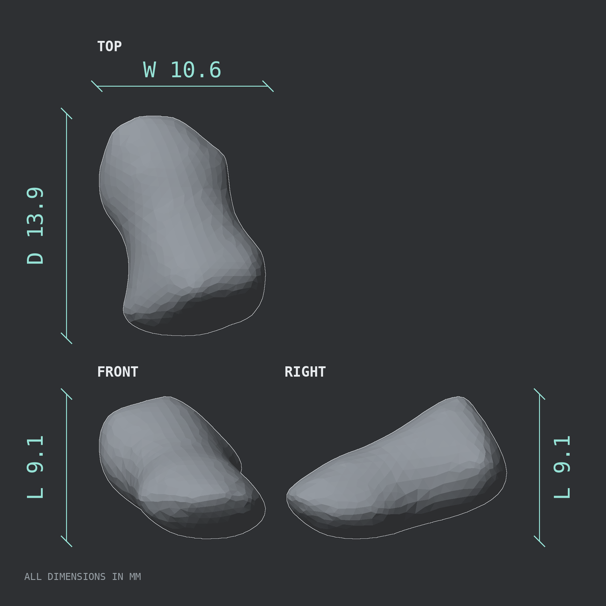 3D rendered dimensional drawing of the Left third toe distal phalanx, top, front, and side views.