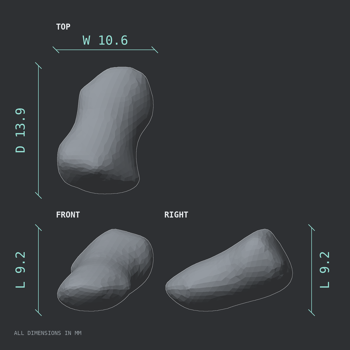 3D rendered dimensional drawing of the Right third toe distal phalanx, top, front, and side views.