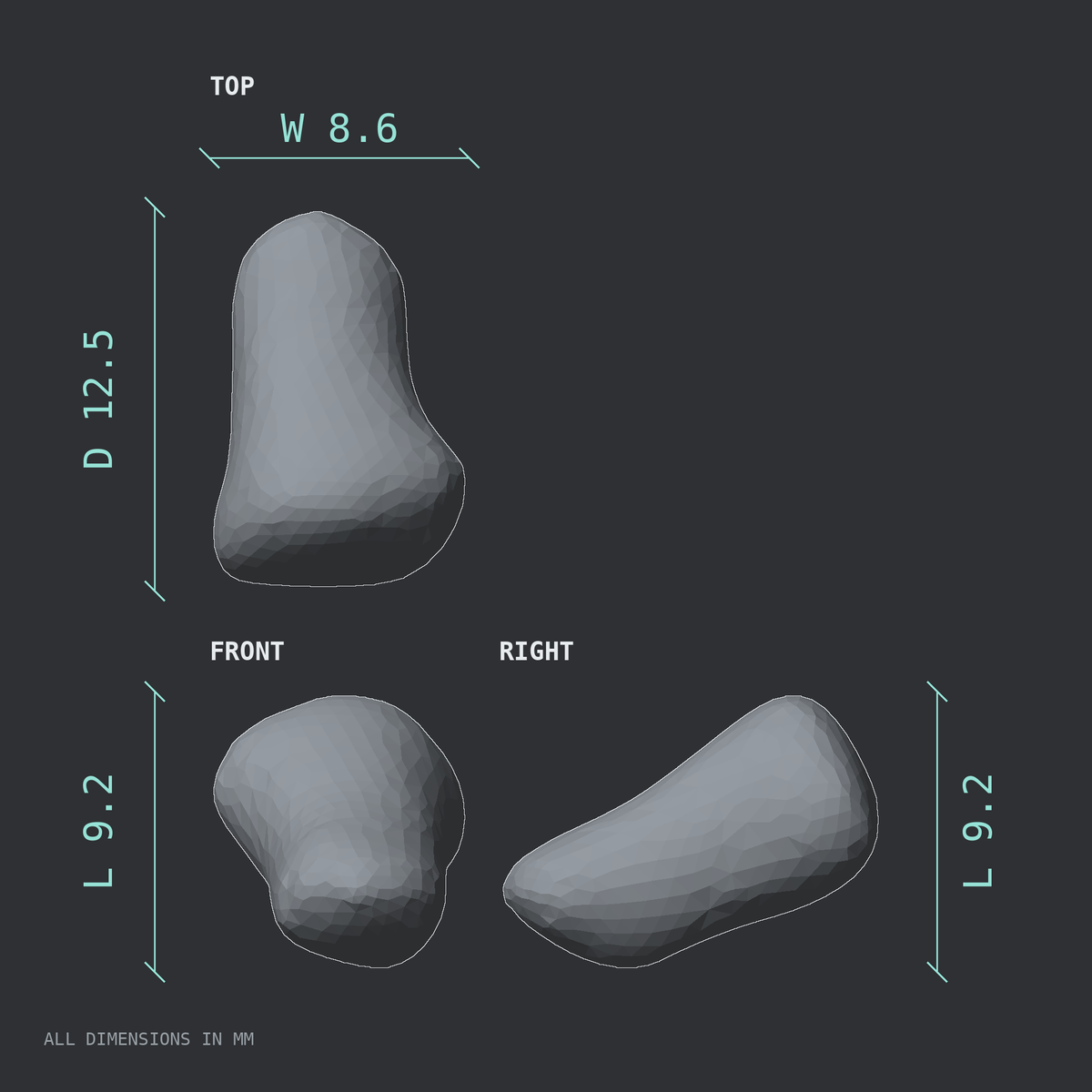 3D rendered dimensional drawing of the Left fourth toe distal phalanx, top, front, and side views.