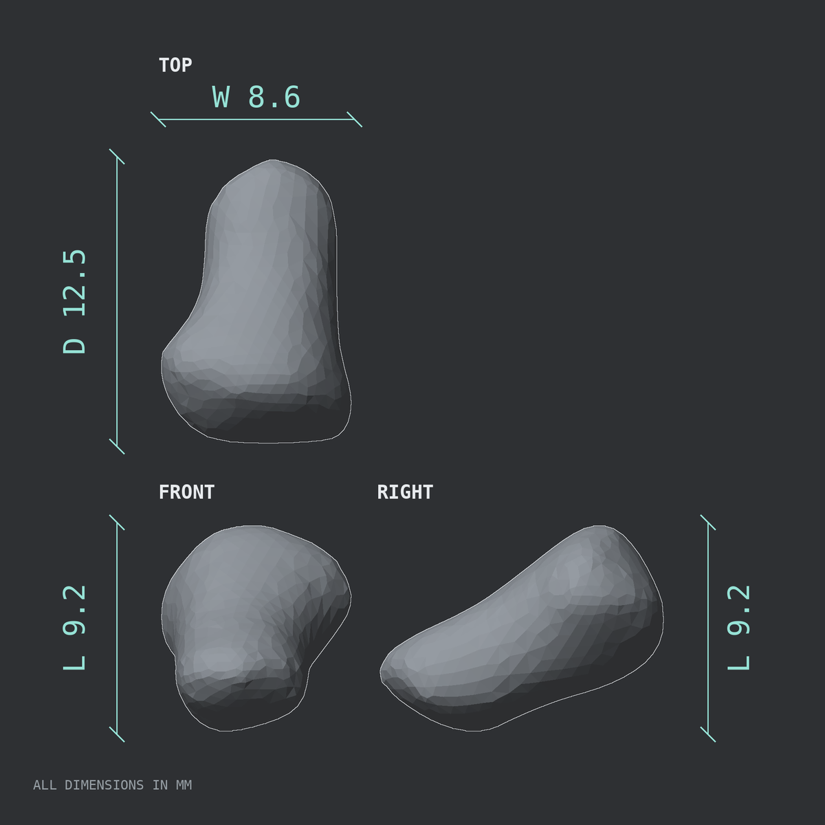 3D rendered dimensional drawing of the Right fourth toe distal phalanx, top, front, and side views.