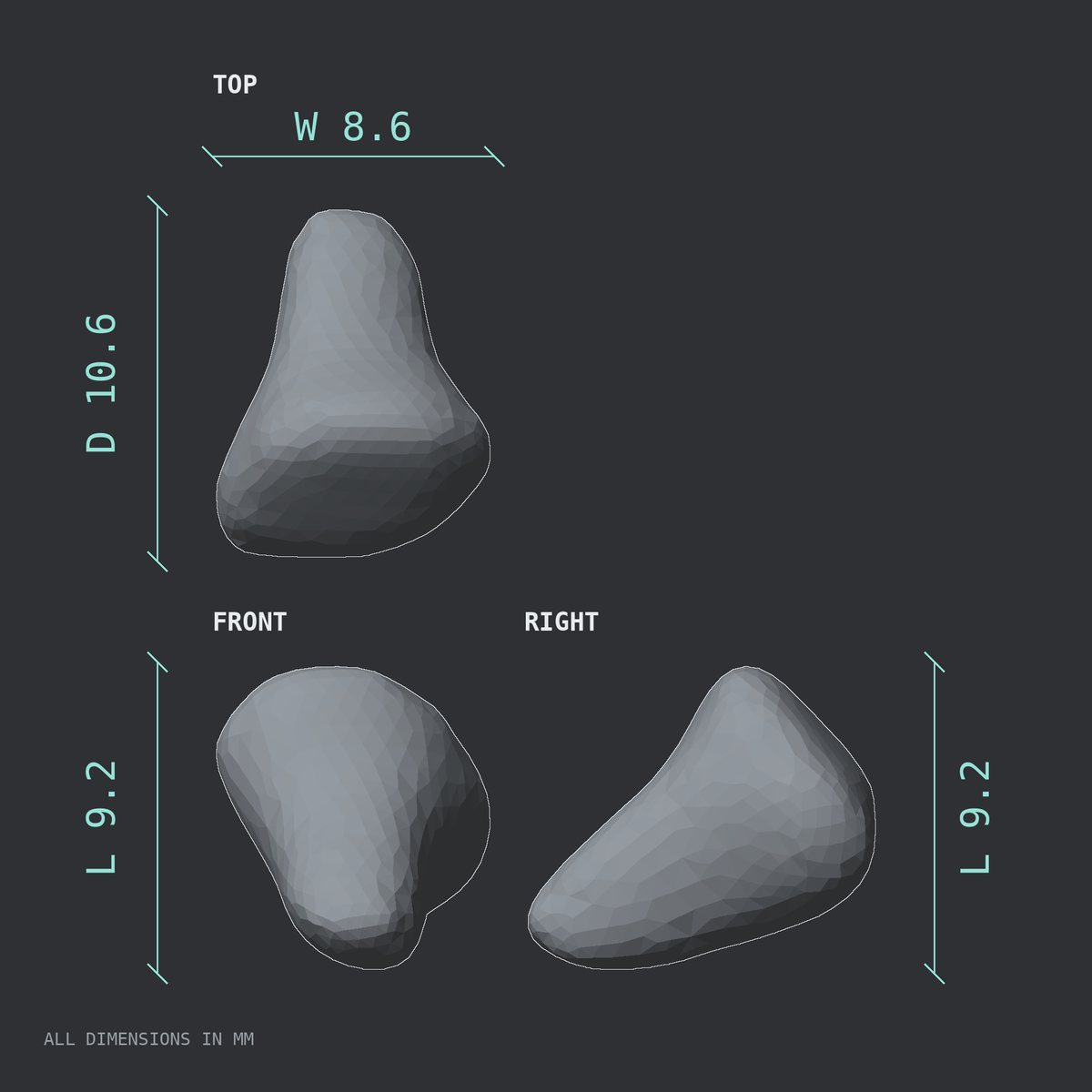 3D rendered dimensional drawing of the Left little toe distal phalanx, top, front, and side views.