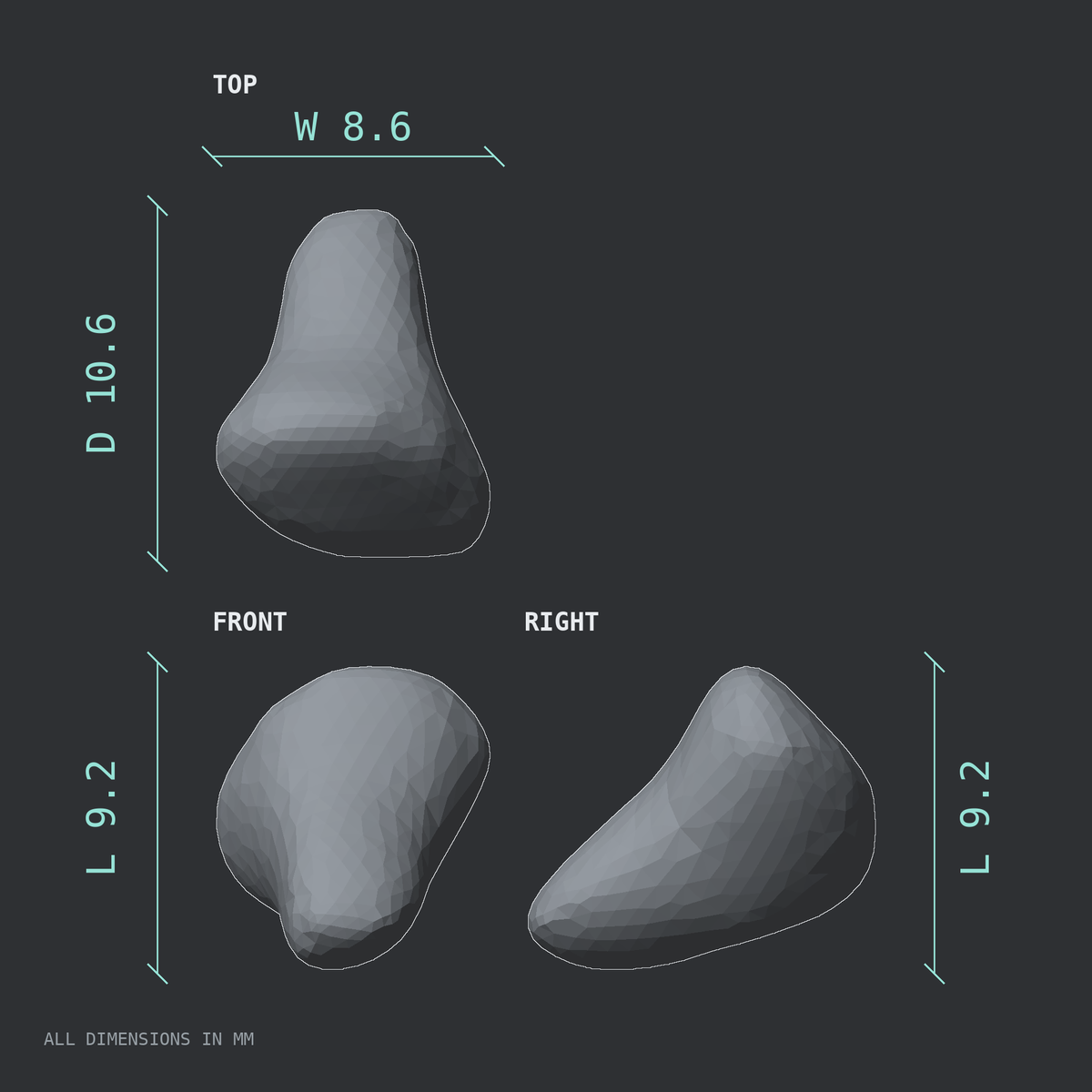 3D rendered dimensional drawing of the Right little toe distal phalanx, top, front, and side views.