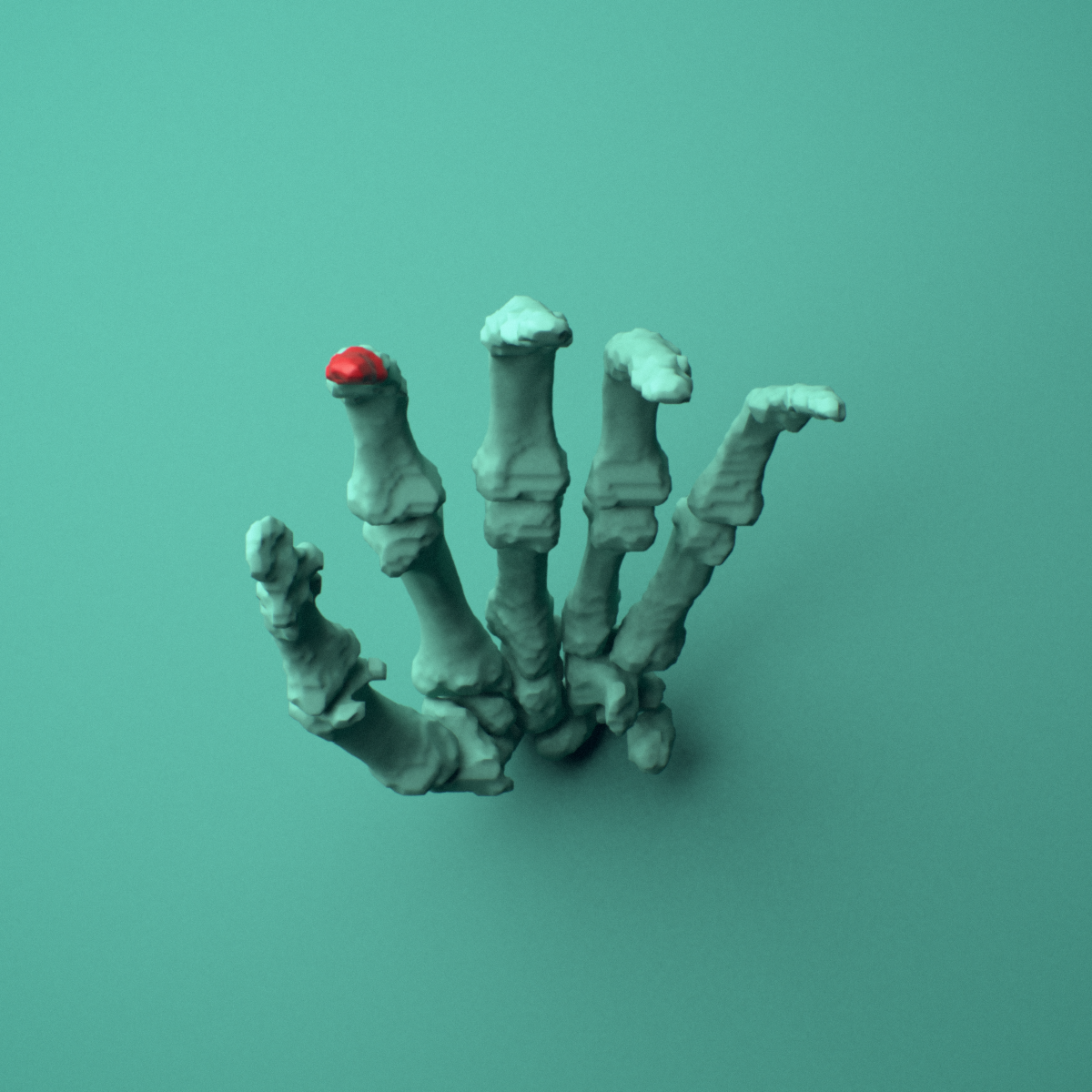 3D model of the Left index finger distal phalanx shown in position within a full hand and wrist model, inferior view.
