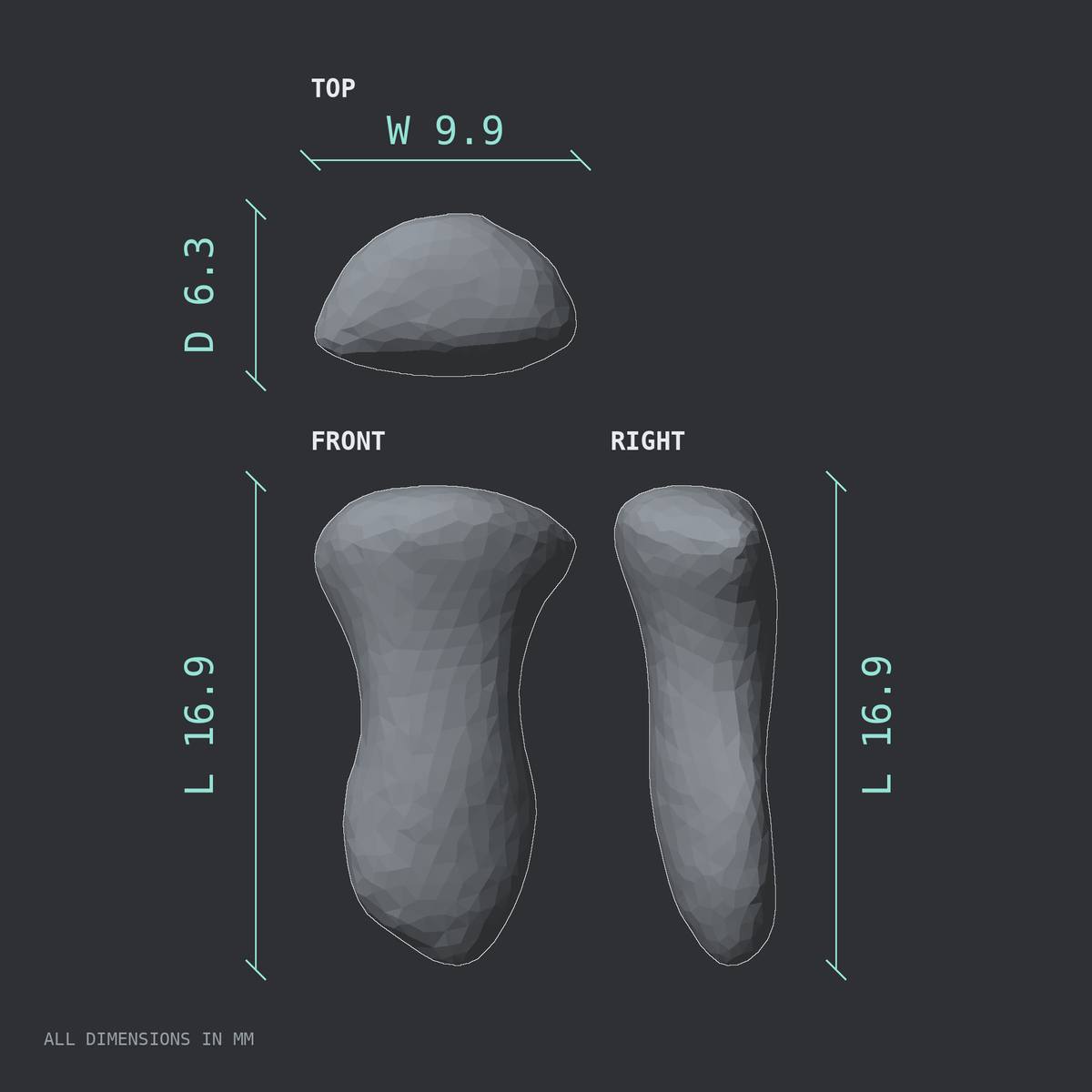 3D rendered dimensional drawing of the Left index finger distal phalanx, top, front, and side views.