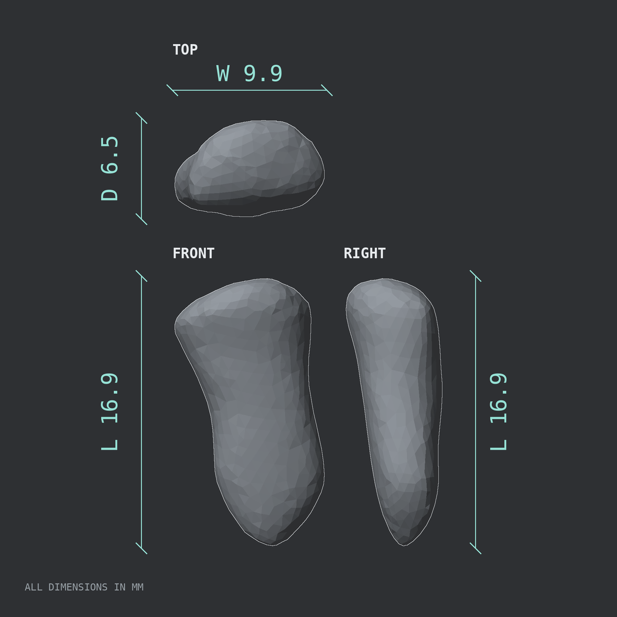 3D rendered dimensional drawing of the Right index finger distal phalanx, top, front, and side views.
