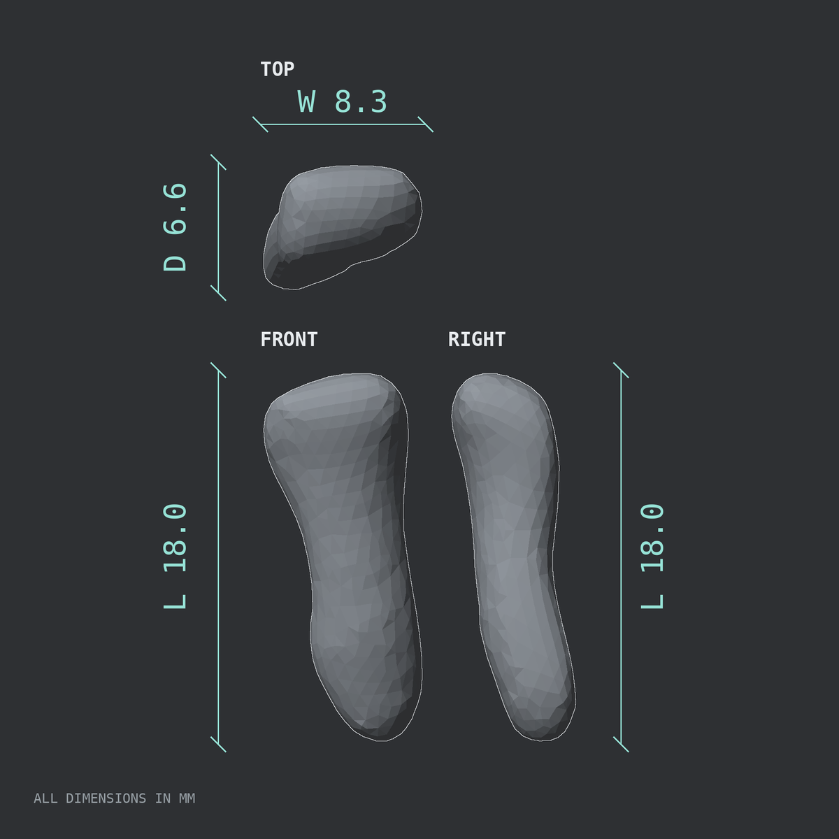 3D rendered dimensional drawing of the Left little finger distal phalanx, top, front, and side views.