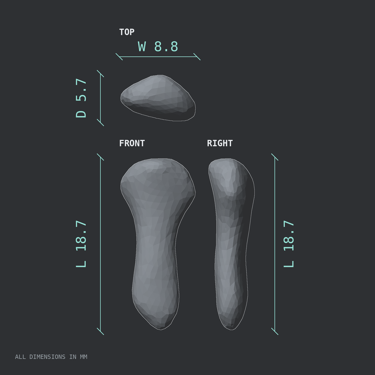 3D rendered dimensional drawing of the Right little finger distal phalanx, top, front, and side views.