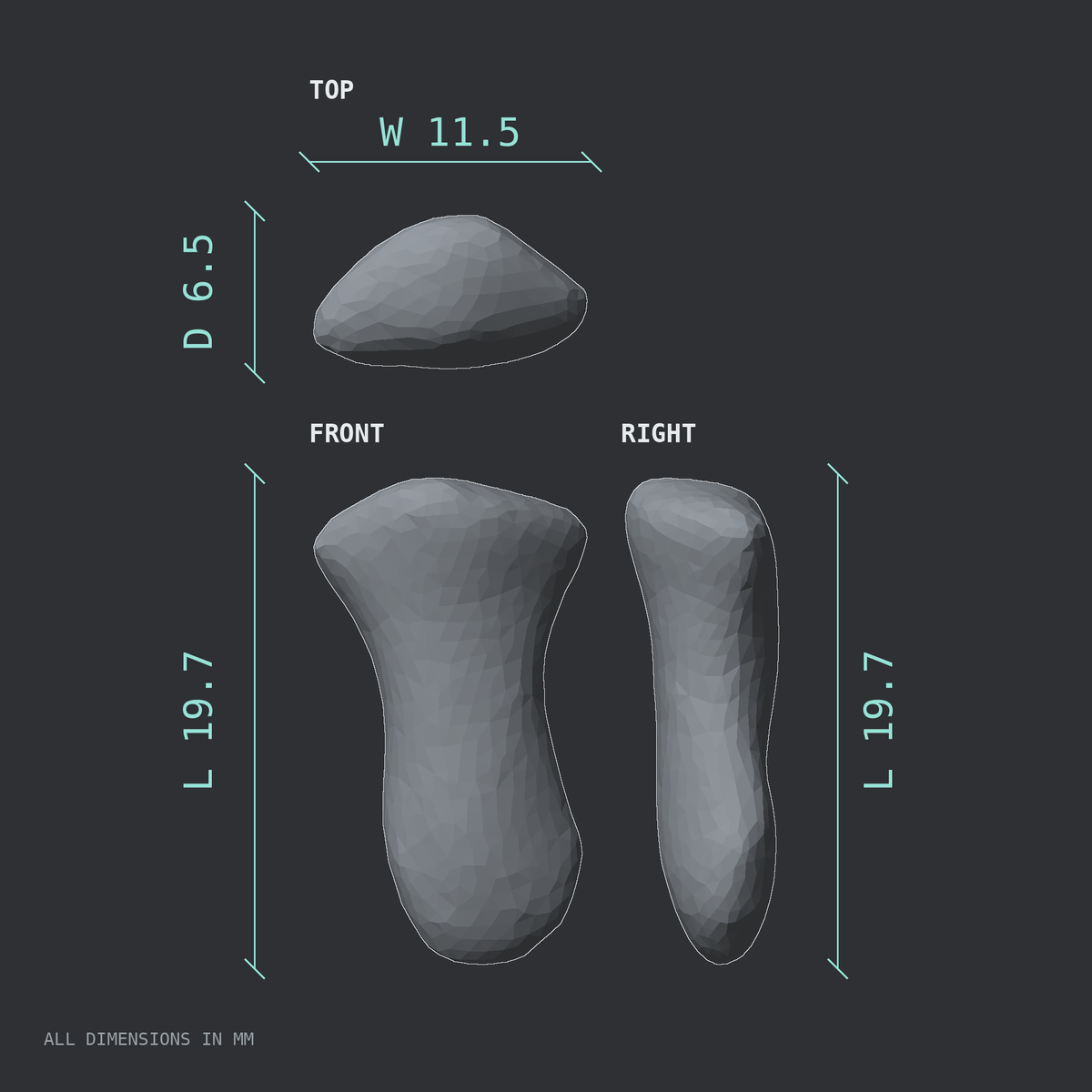 3D rendered dimensional drawing of the Left middle finger distal phalanx, top, front, and side views.