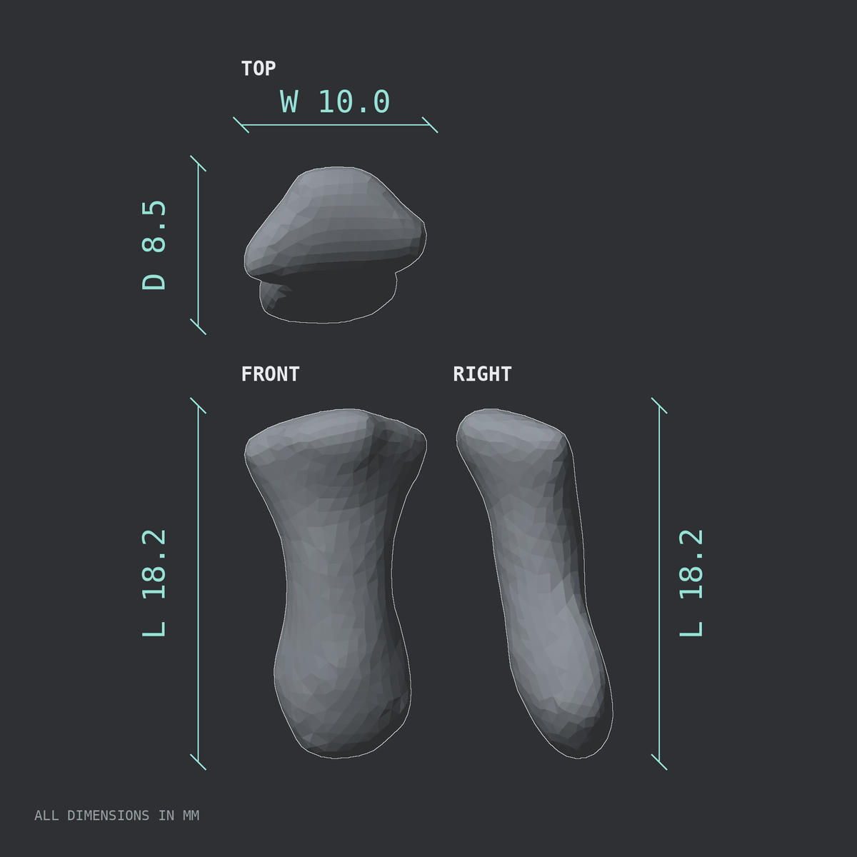 3D rendered dimensional drawing of the Left ring finger distal phalanx, top, front, and side views.