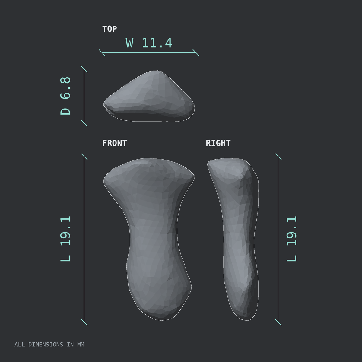 3D rendered dimensional drawing of the Right ring finger distal phalanx, top, front, and side views.