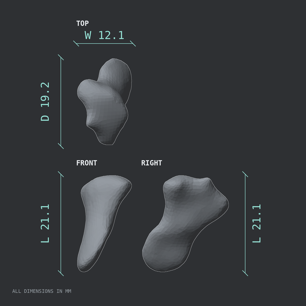 3D rendered dimensional drawing of the Left thumb distal phalanx, top, front, and side views.