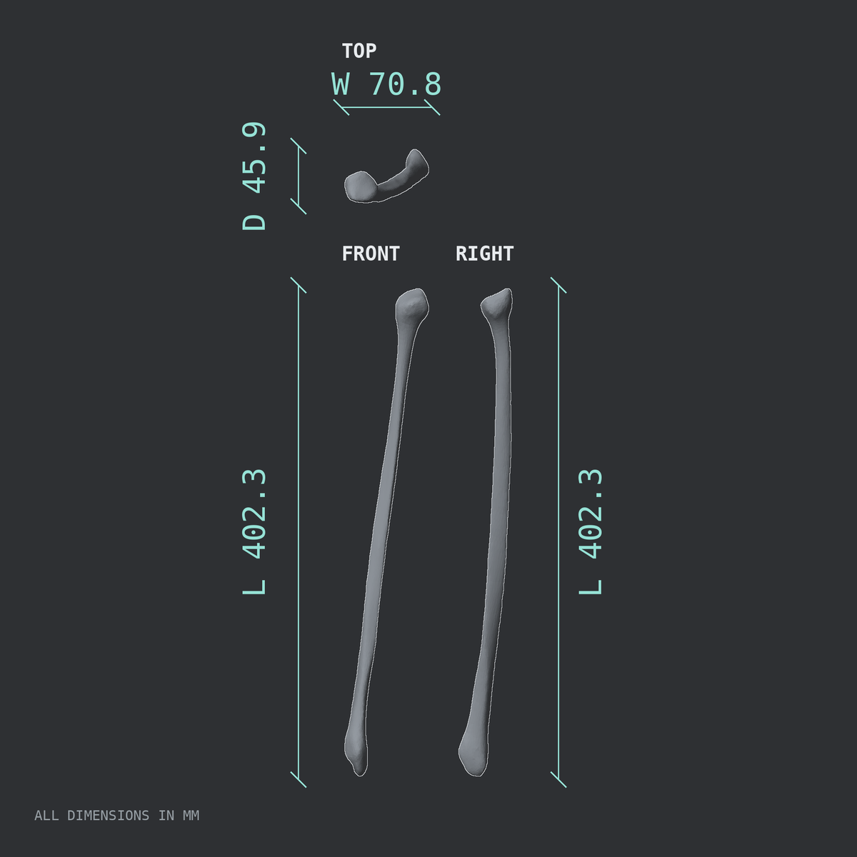 3D rendered dimensional drawing of the Left fibula, top, front, and side views.