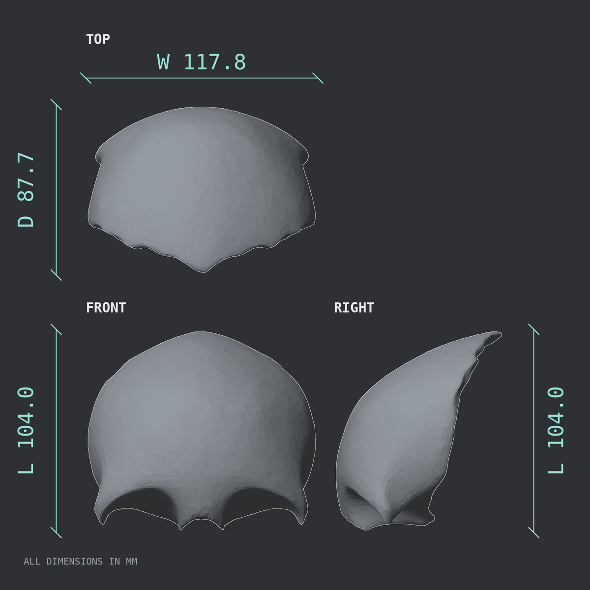 3D rendered dimensional drawing of the Frontal bone, top, front, and side views.