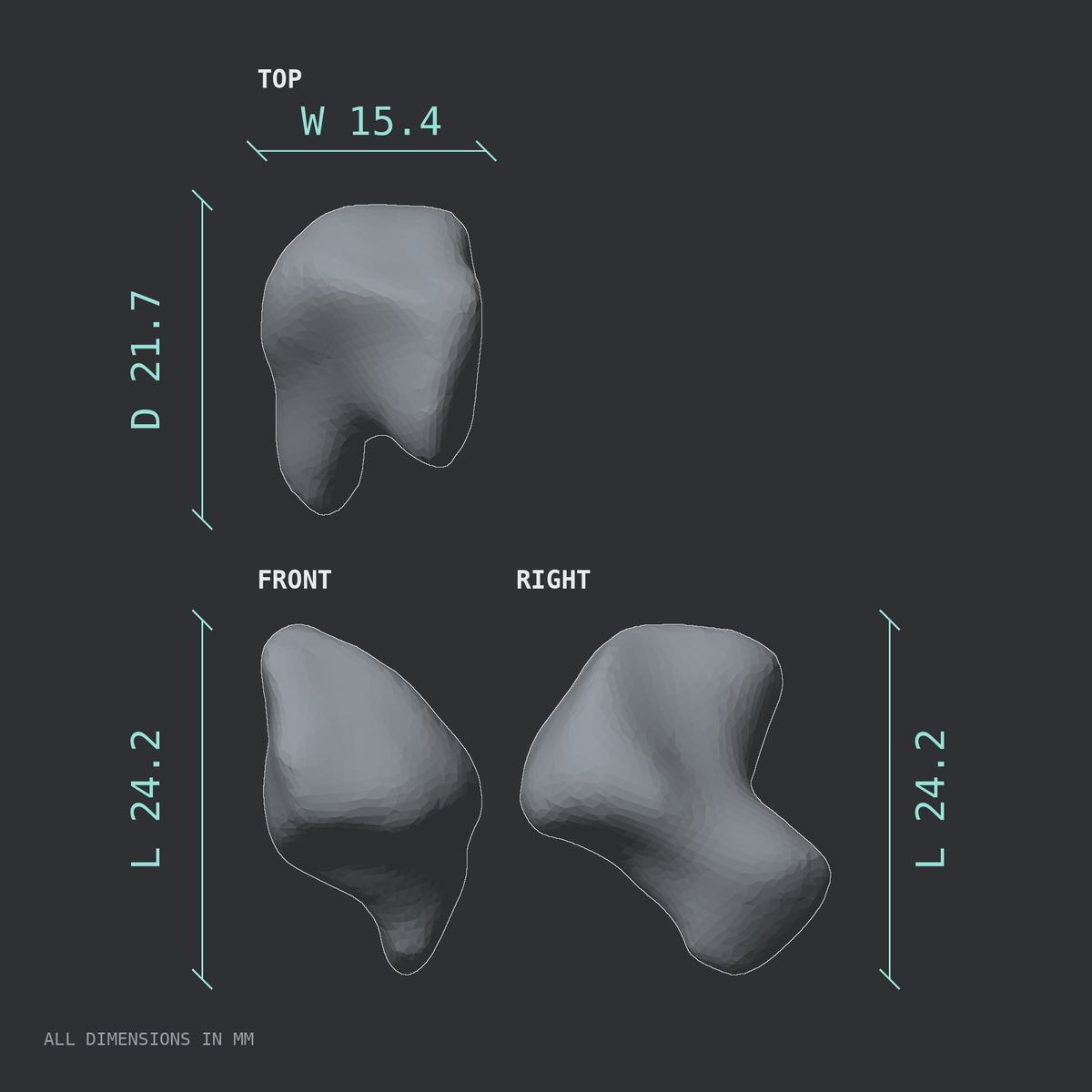 3D rendered dimensional drawing of the Left hamate bone (wrist), top, front, and side views.