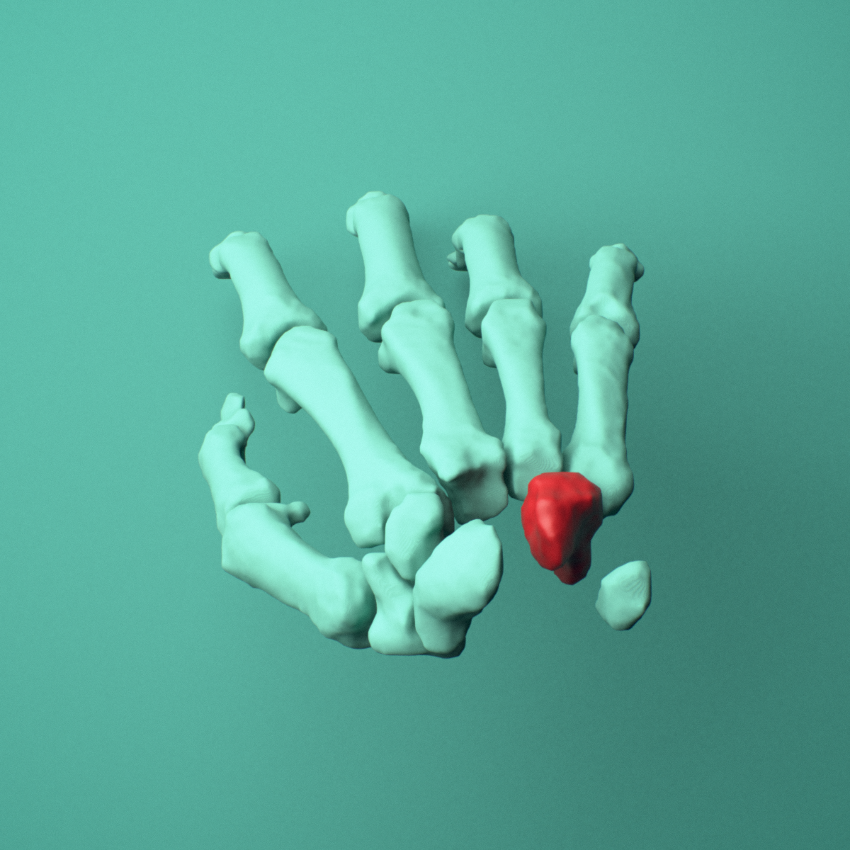 3D model of the Right hamate bone (wrist) shown in position within a full hand and wrist model, superior view.