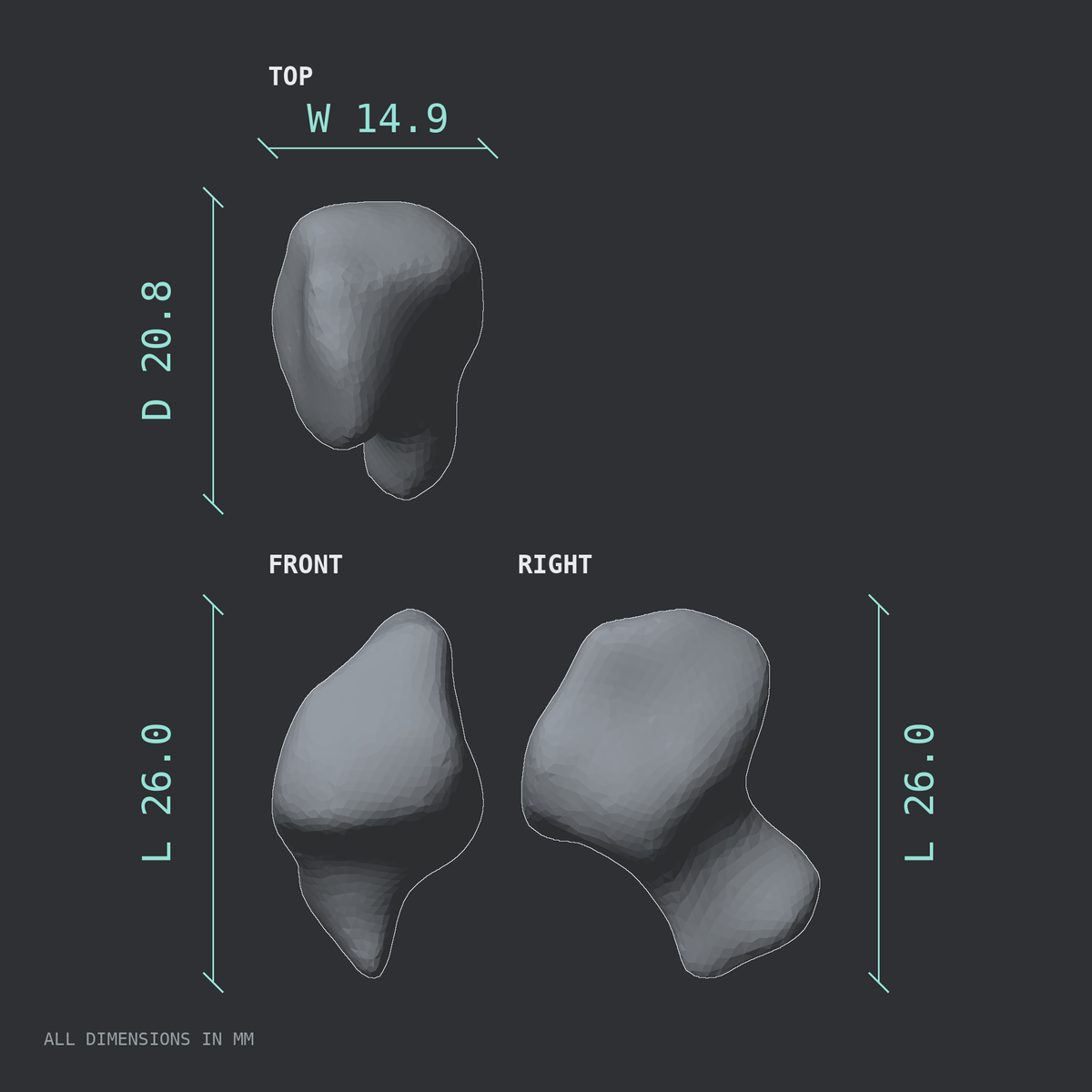 3D rendered dimensional drawing of the Right hamate bone (wrist), top, front, and side views.