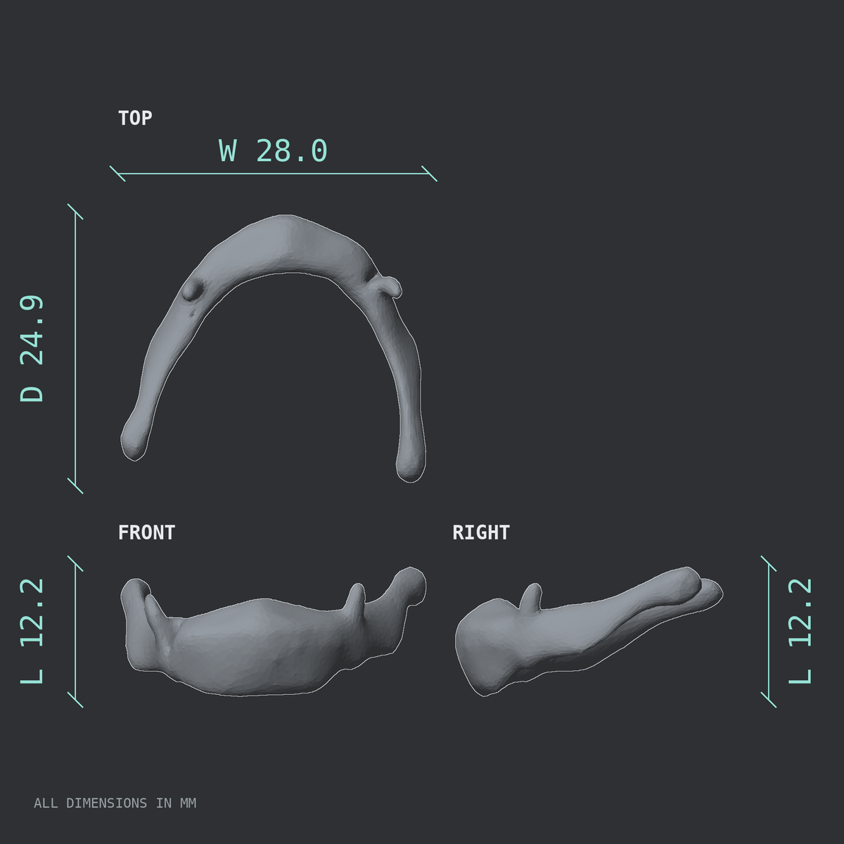 3D rendered dimensional drawing of the Hyoid bone, top, front, and side views.