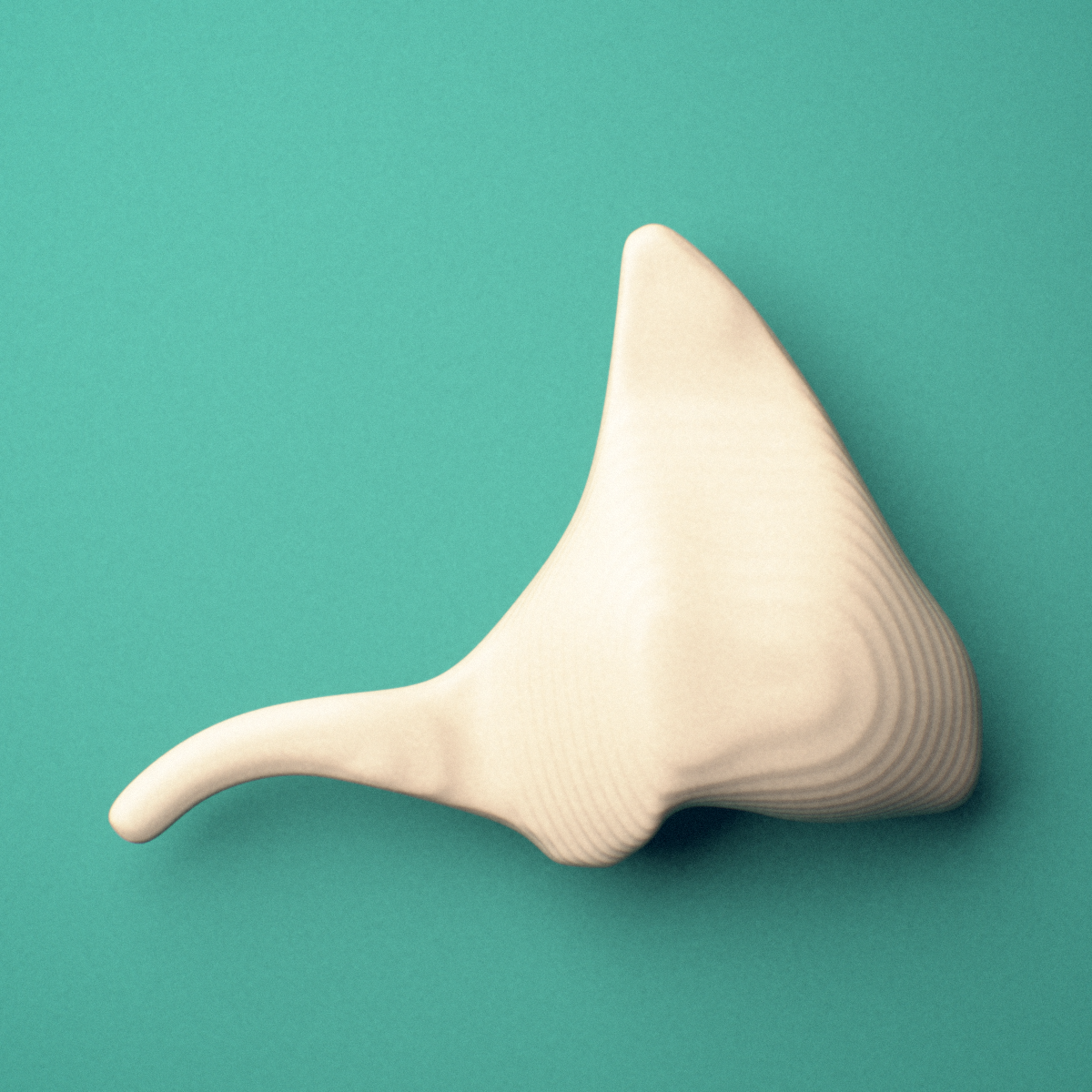 3D-printed Left incus (middle ear ossicle), oblique view showing the short crus.