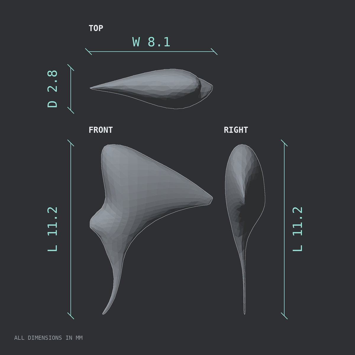 3D rendered dimensional drawing of the Left incus (middle ear ossicle), top, front, and side views.