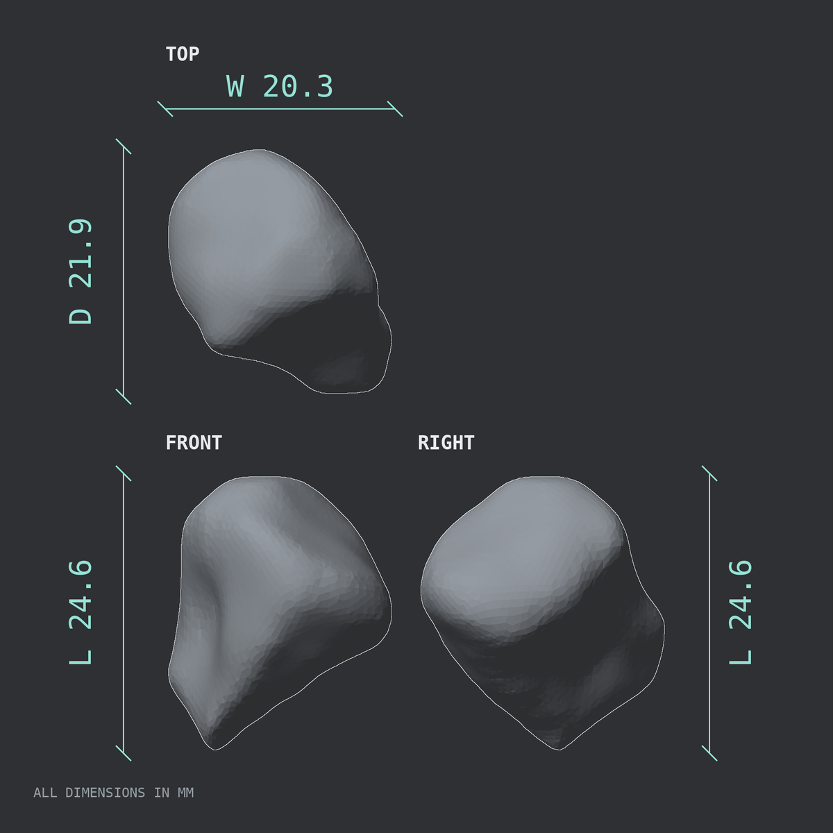 3D rendered dimensional drawing of the Left intermediate cuneiform (foot), top, front, and side views.