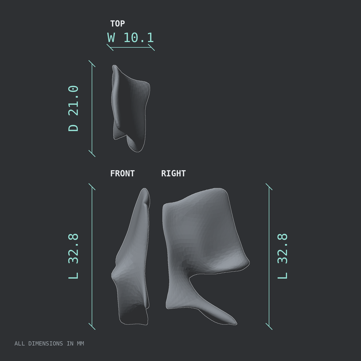 3D rendered dimensional drawing of the Right lacrimal bone, top, front, and side views.