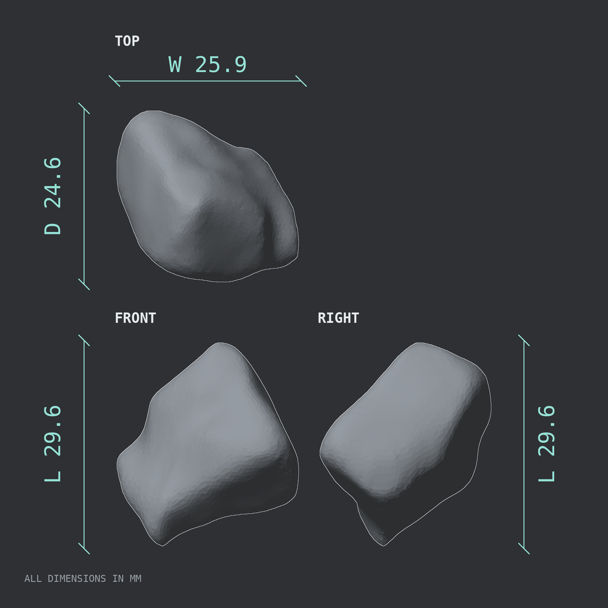 3D rendered dimensional drawing of the Left lateral cuneiform (foot), top, front, and side views.