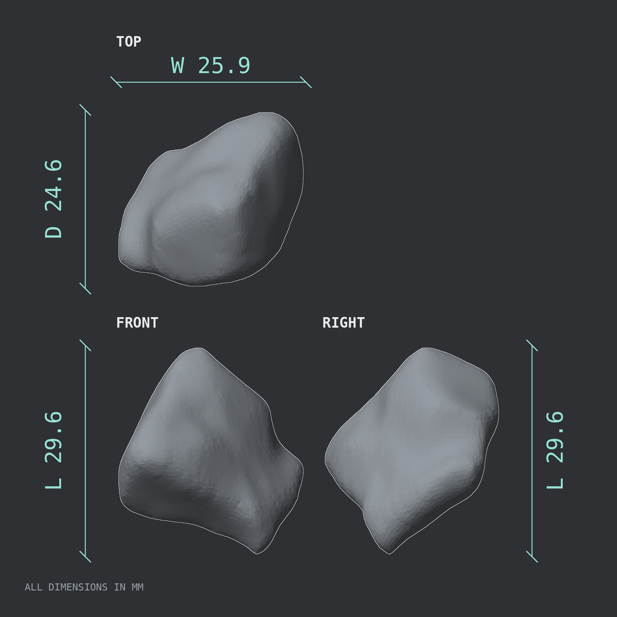 3D rendered dimensional drawing of the Right lateral cuneiform (foot), top, front, and side views.