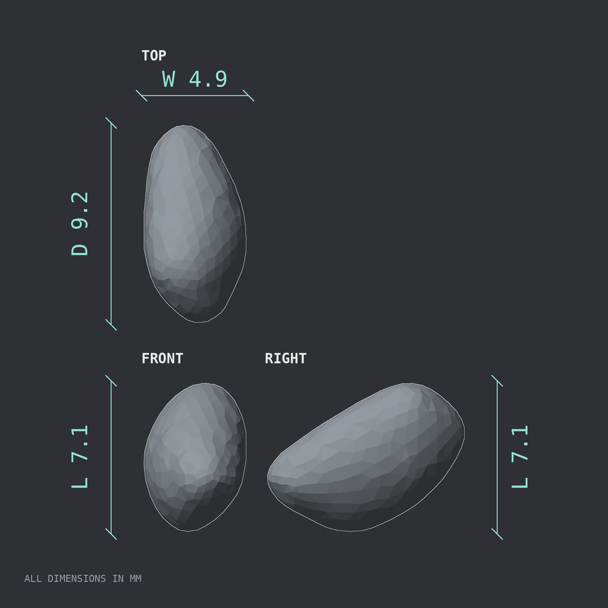 3D rendered dimensional drawing of the Left lateral fibular sesamoid bone (foot), top, front, and side views.