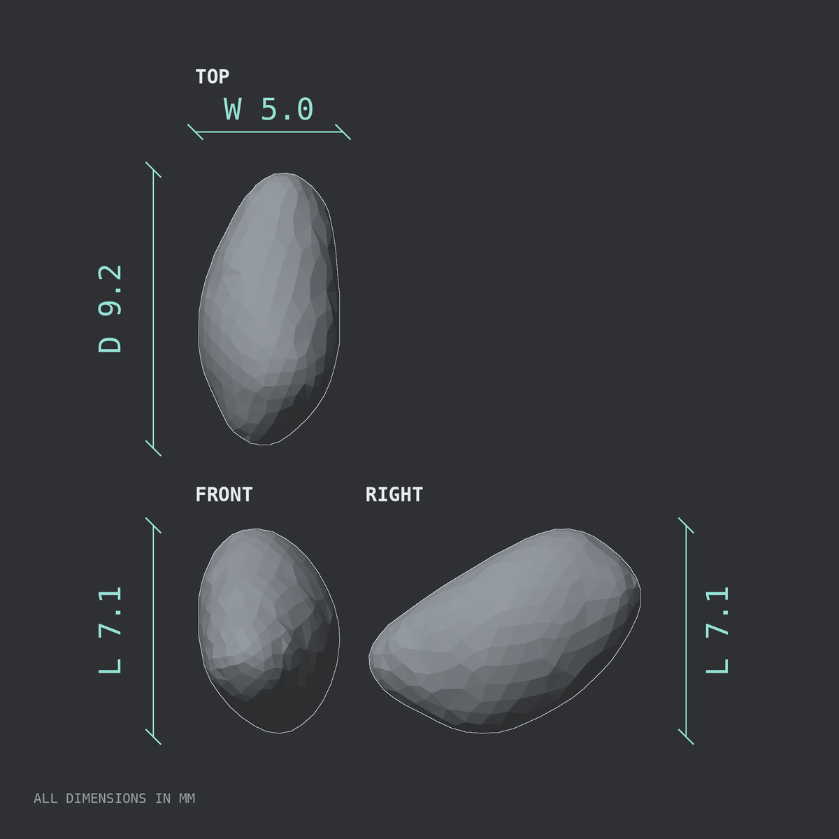 3D rendered dimensional drawing of the Right lateral fibular sesamoid bone (foot), top, front, and side views.