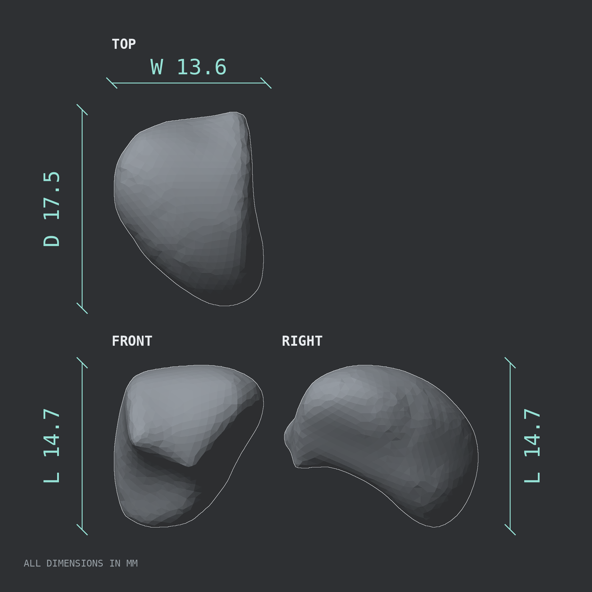 3D rendered dimensional drawing of the Left lunate bone (wrist), top, front, and side views.