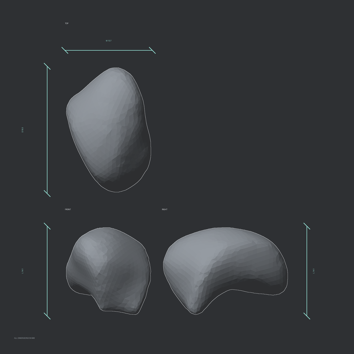 3D rendered dimensional drawing of the Right lunate bone (wrist), top, front, and side views.