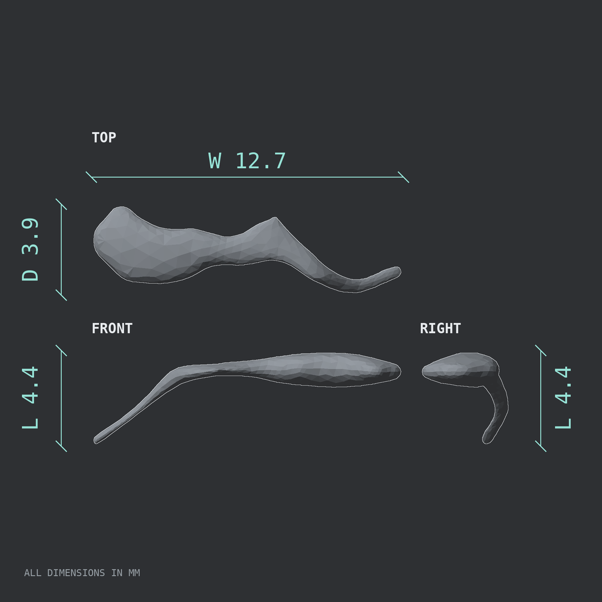 3D rendered dimensional drawing of the Left malleus (middle ear ossicle), top, front, and side views.