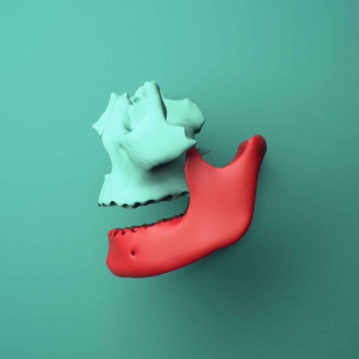 3D model of the Mandible (lower jaw bone) shown in position within a full skull model, left lateral view.
