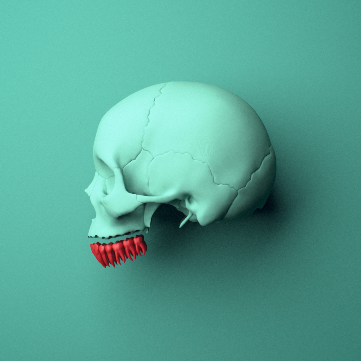 3D model of the Mandibular teeth (lower jaw) shown in position within a full skull model, left lateral view.