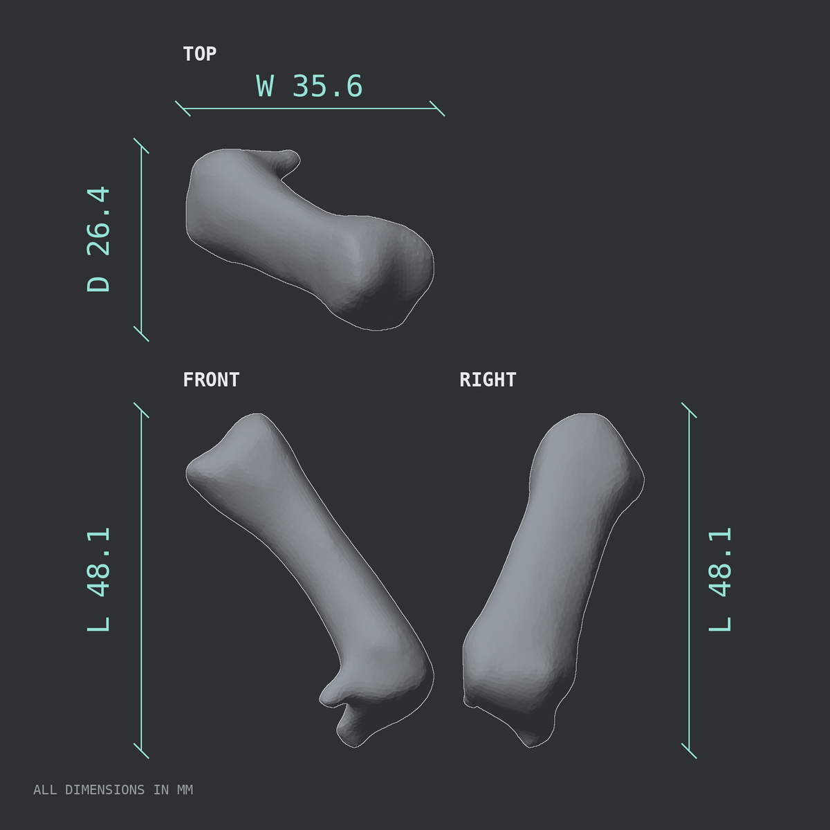 3D rendered dimensional drawing of the Right first metacarpal (hand), top, front, and side views.