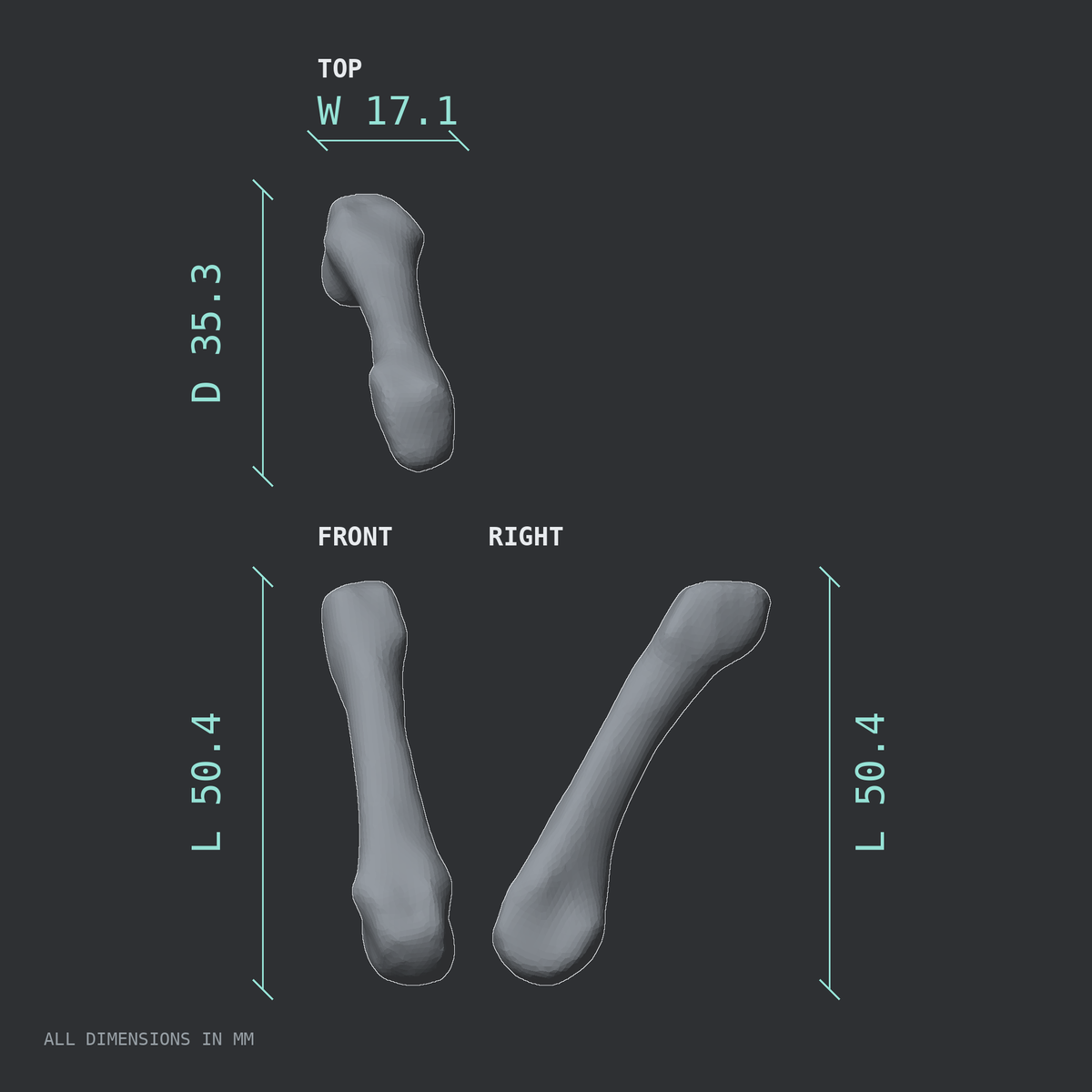 3D rendered dimensional drawing of the Left fourth metacarpal (hand), top, front, and side views.