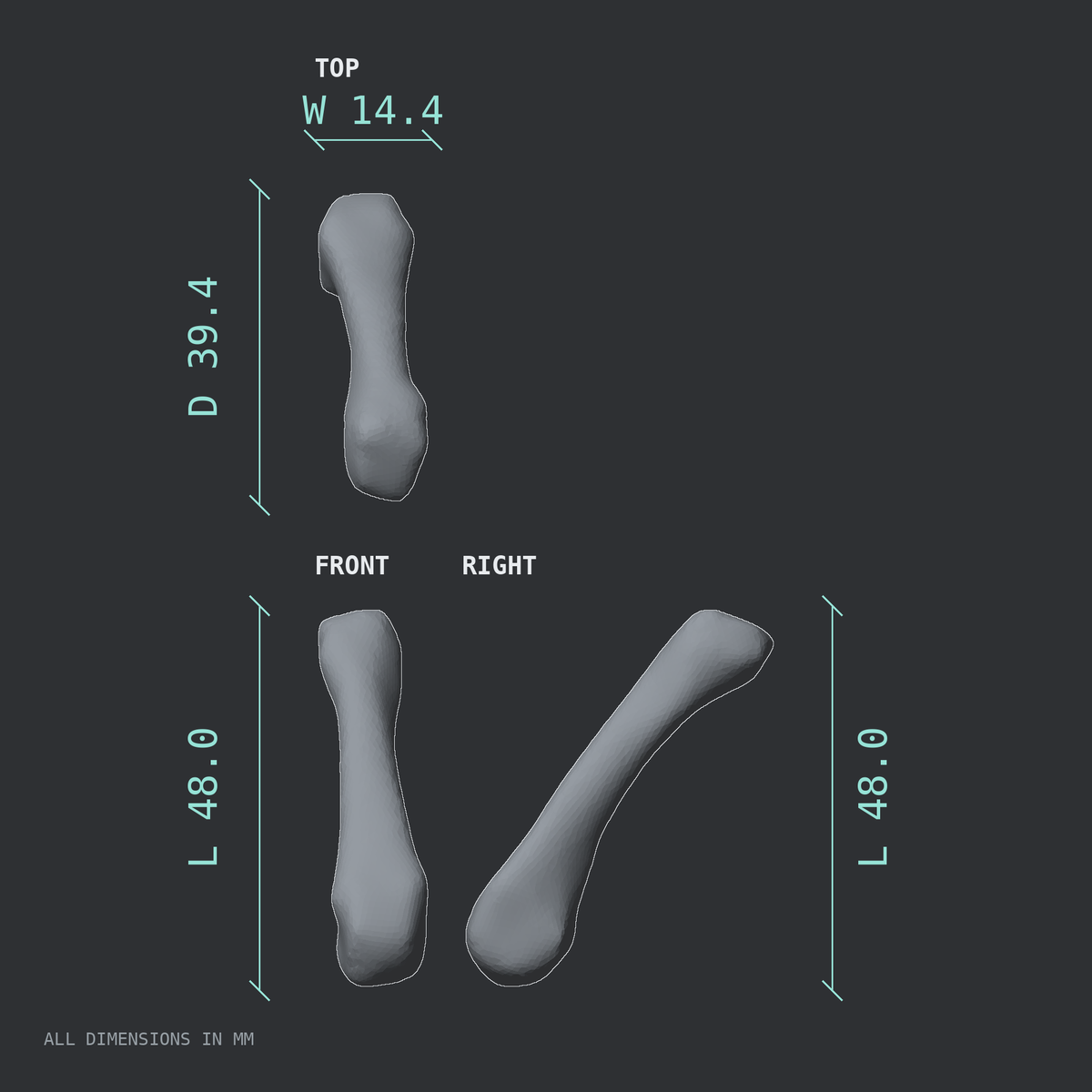 3D rendered dimensional drawing of the Right fourth metacarpal (hand), top, front, and side views.