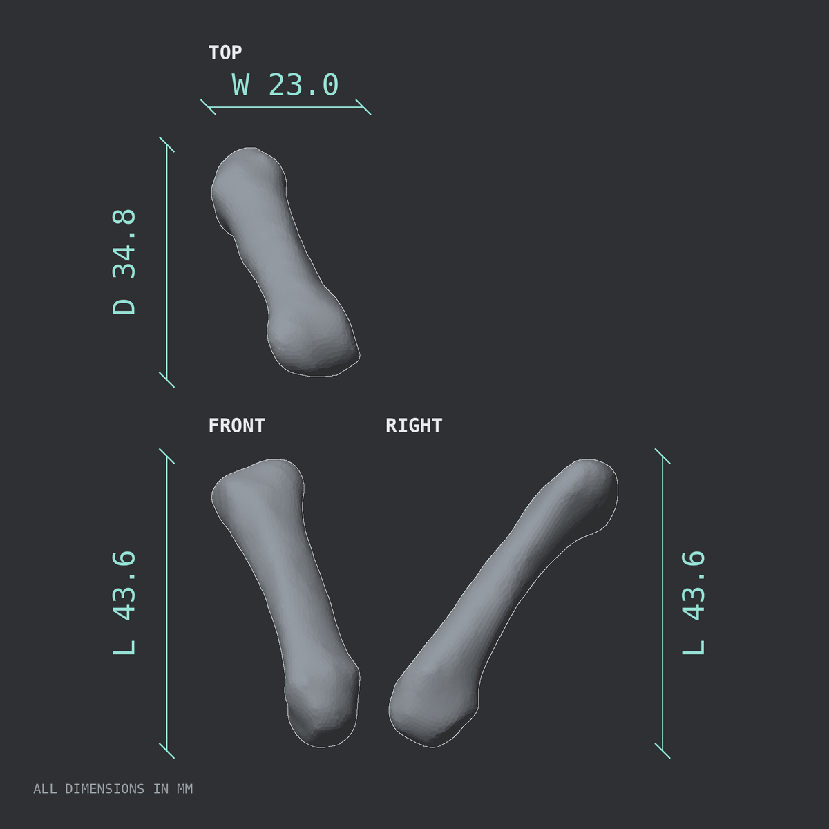 3D rendered dimensional drawing of the Left fifth metacarpal (hand), top, front, and side views.