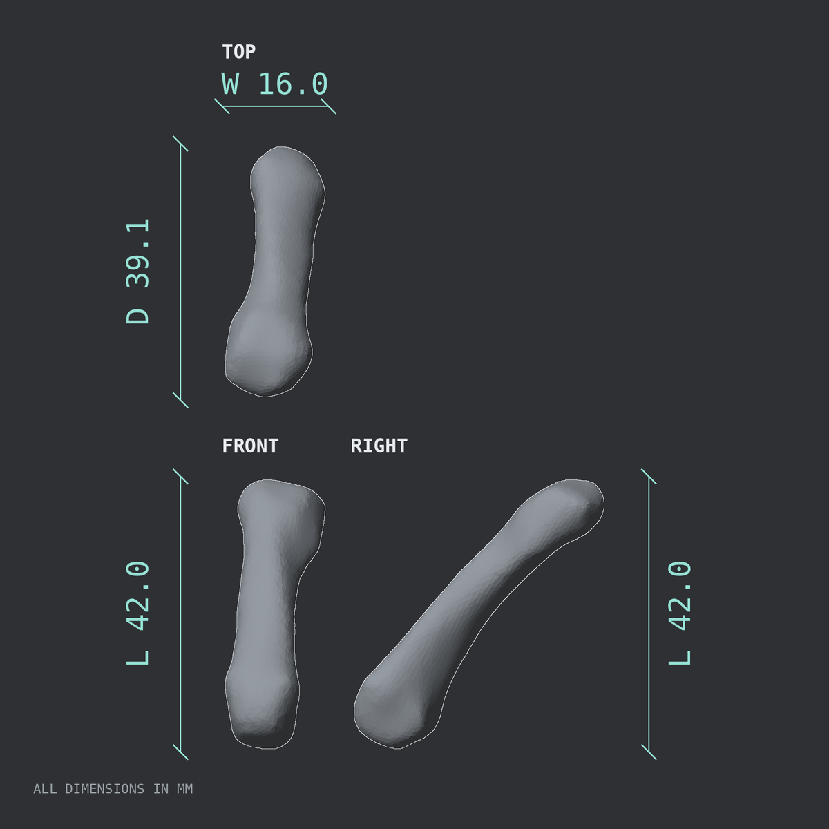 3D rendered dimensional drawing of the Right fifth metacarpal (hand), top, front, and side views.